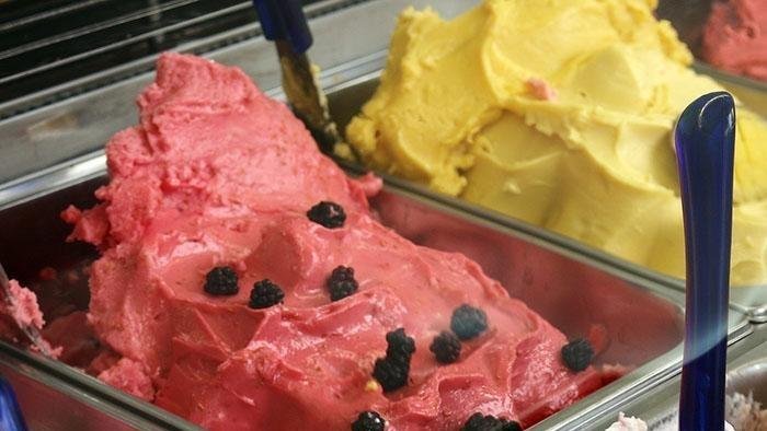 Trays of ice cream in different flavors