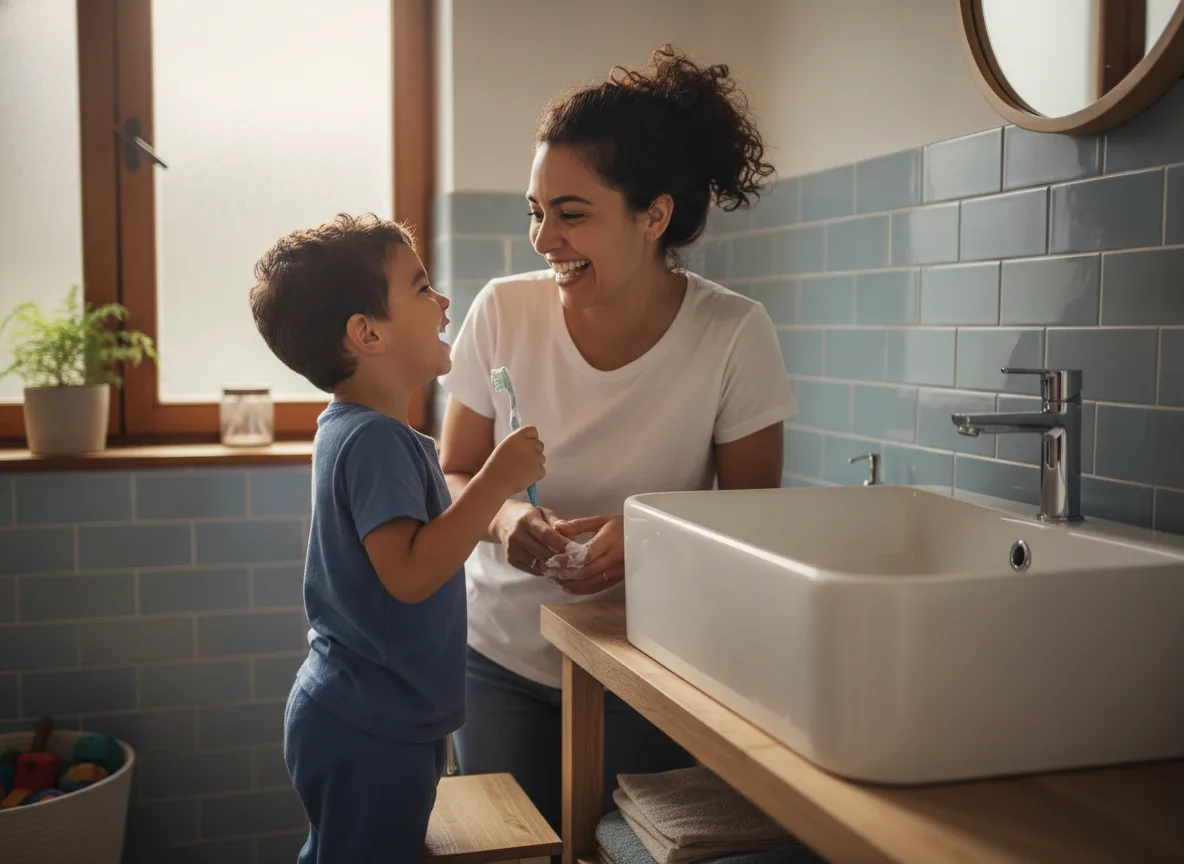 Mother and son brushing their teeth together at home
