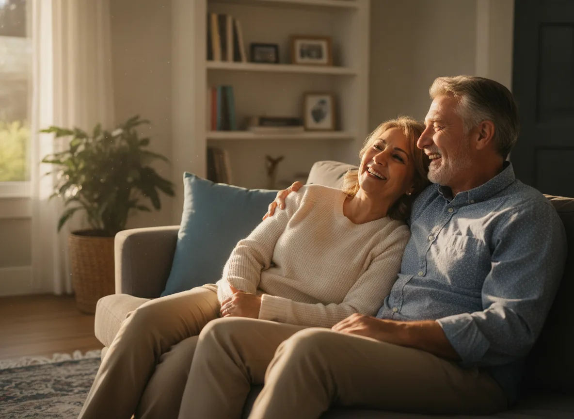 Senior couple smiling together at home