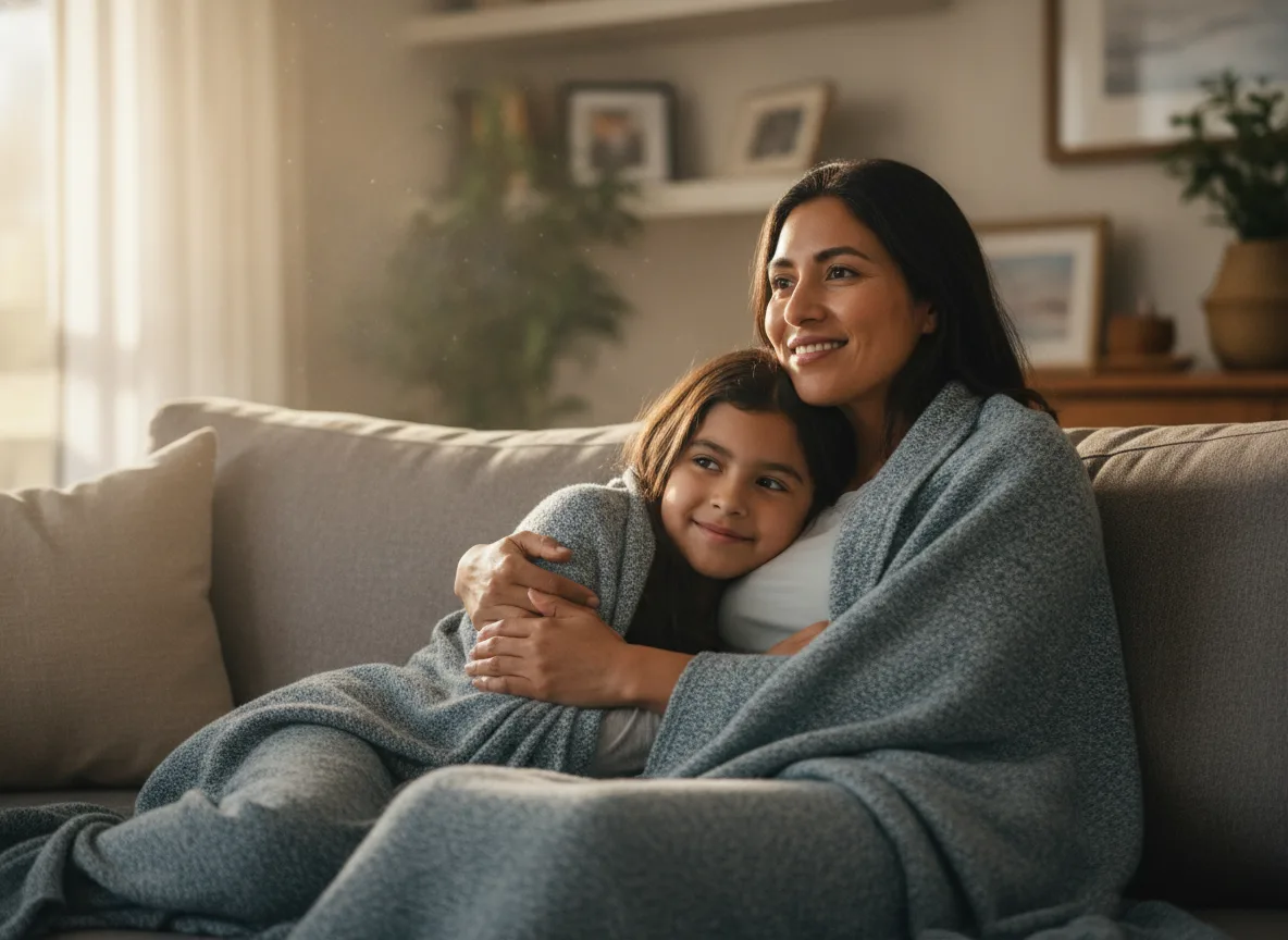 Relieved mother and daughter at home